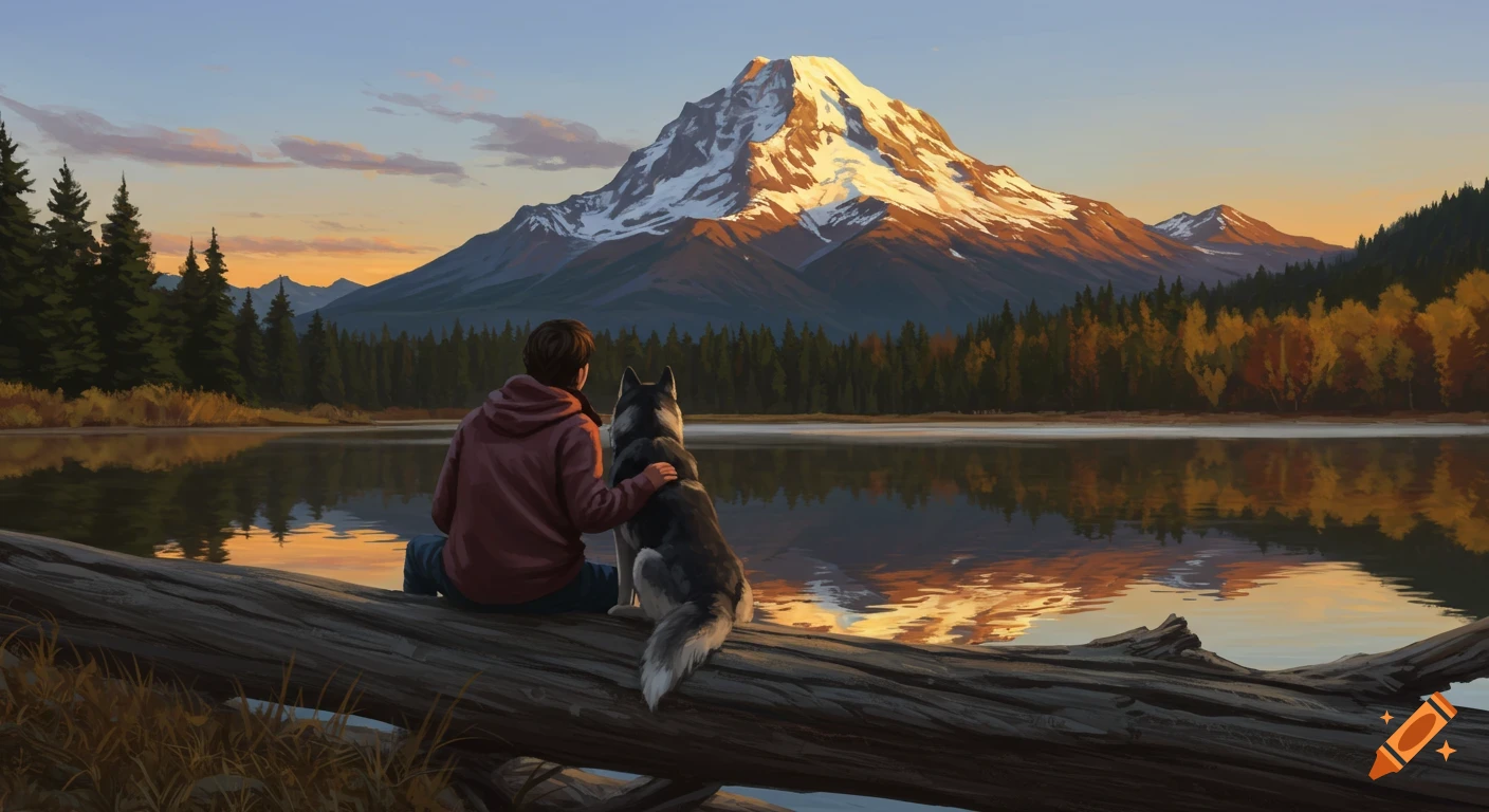 A person and their husky sit on a log looking at a snowy mountain across a lake at sunset, digital painting.