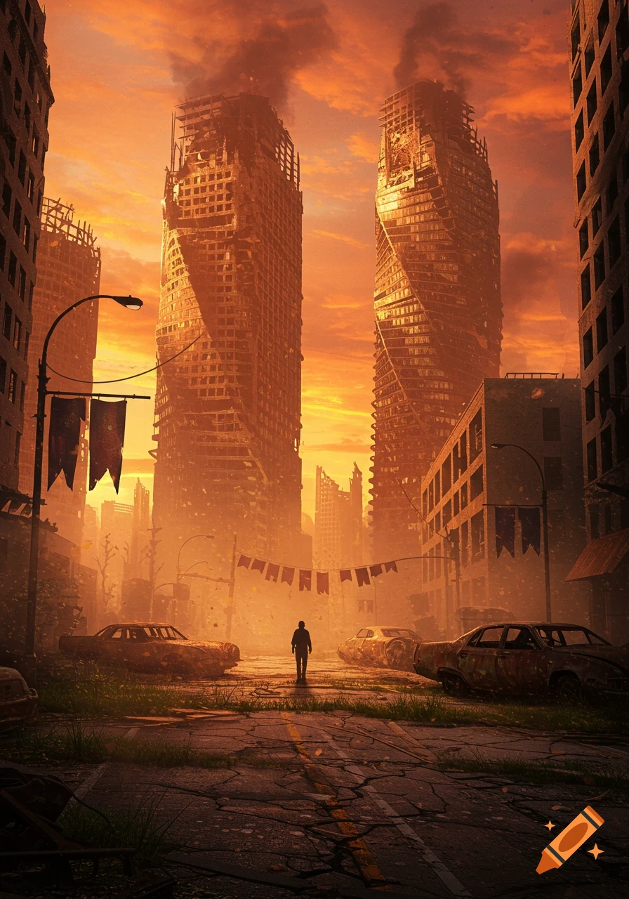 A lone figure walks down a cracked road through a destroyed city at sunset, with two large ruined skyscrapers towering above under an orange sky filled with smoke.