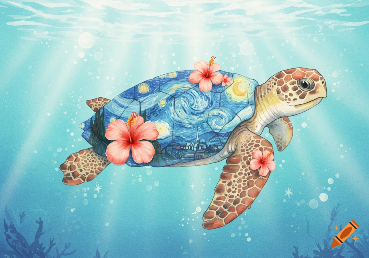 A whimsical watercolor sea turtle swims in blue water, its shell painted with Van Gogh's Starry Night and adorned with hibiscus flowers.