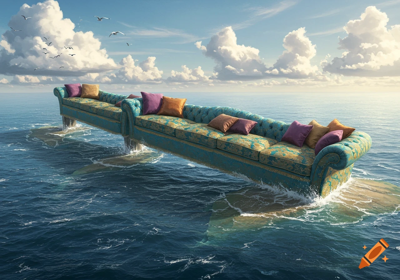 A long, ornate teal and gold couch with colorful pillows stretches across a vast blue ocean under a partly cloudy sky with flying seagulls.