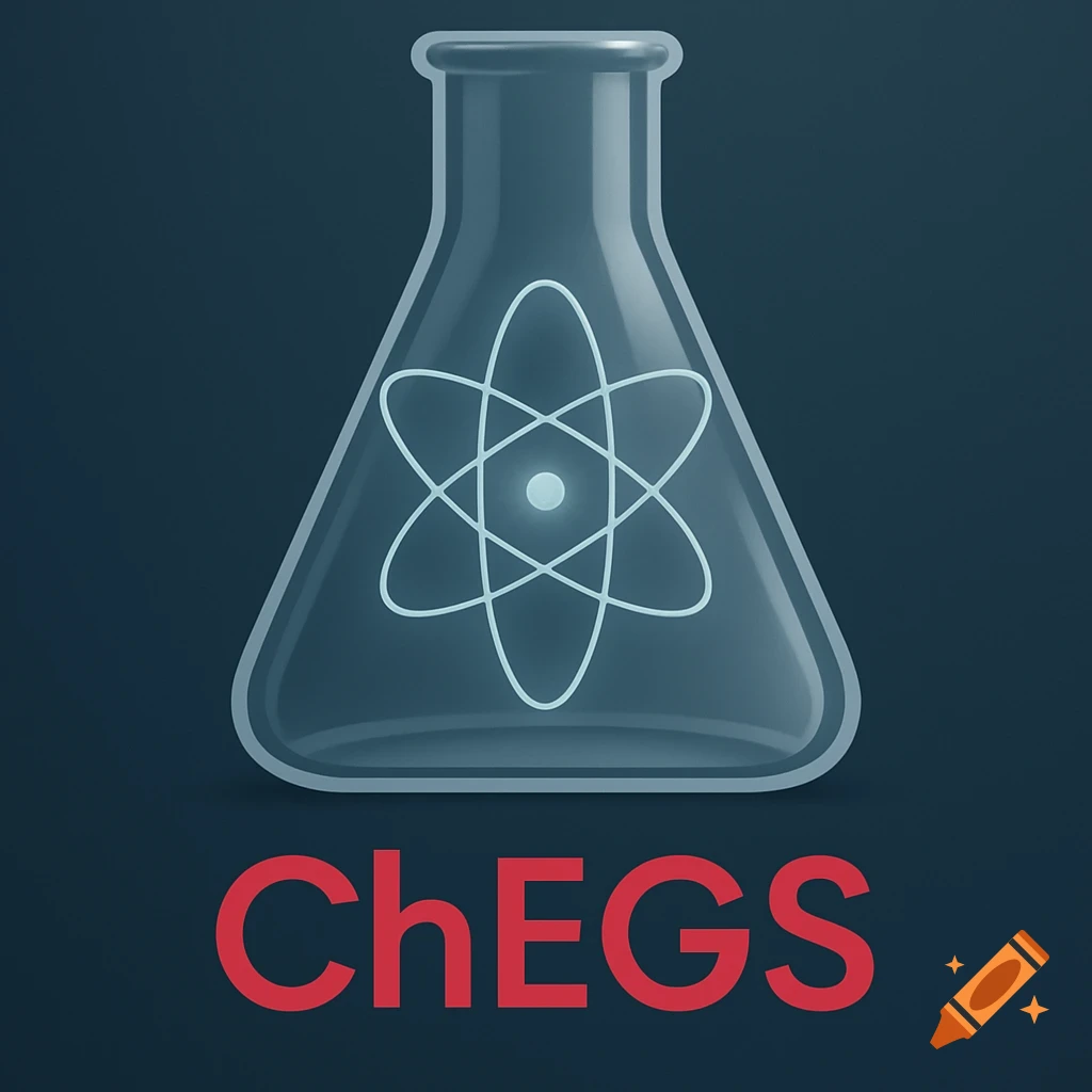 A stylized illustration of a conical flask with a glowing atom symbol inside, and the red text "ChEGS" below it.
