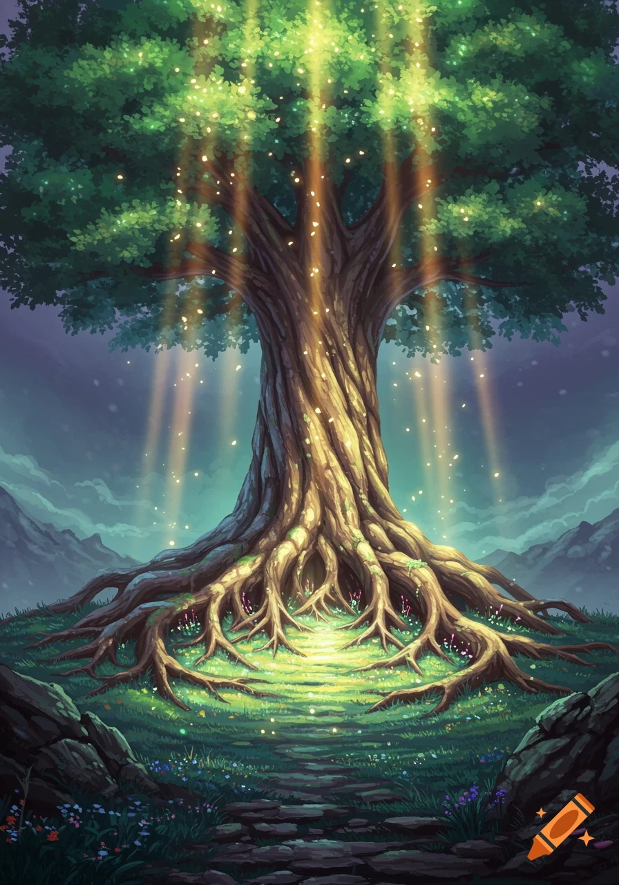 A large, ancient tree with glowing roots and leaves, bathed in beams of light, stands in a mystical forest clearing.