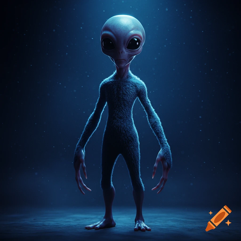 A photorealistic gray alien with large black eyes, long furry arms, and thin fingers stands in a dark, misty blue-lit environment.