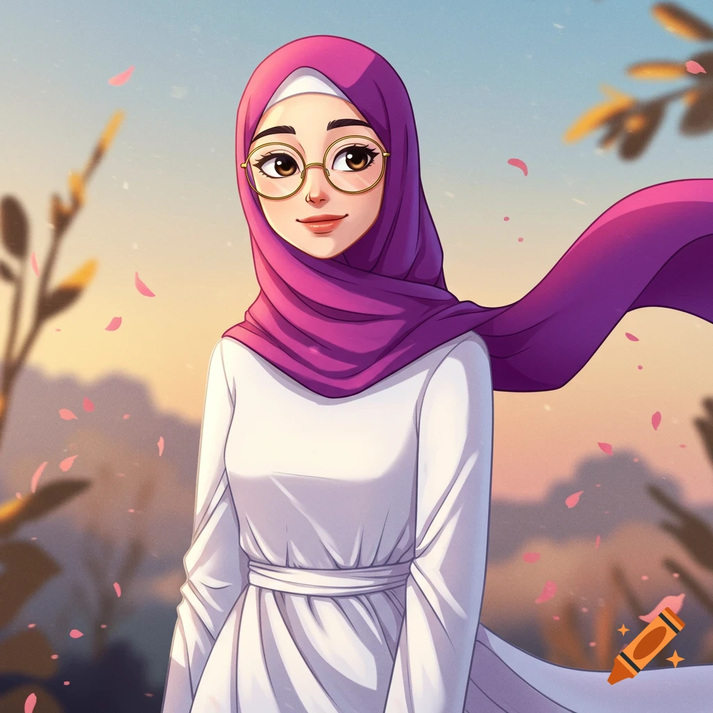 Animated portrait of a smiling woman with glasses and a purple hijab in a white dress, set outdoors with falling petals.