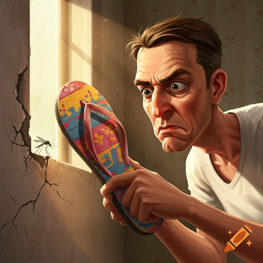 A man with a determined expression is about to swat a mosquito on a cracked wall with a colorful flip-flop, lit by sunlight from a window. Stylized illustration.