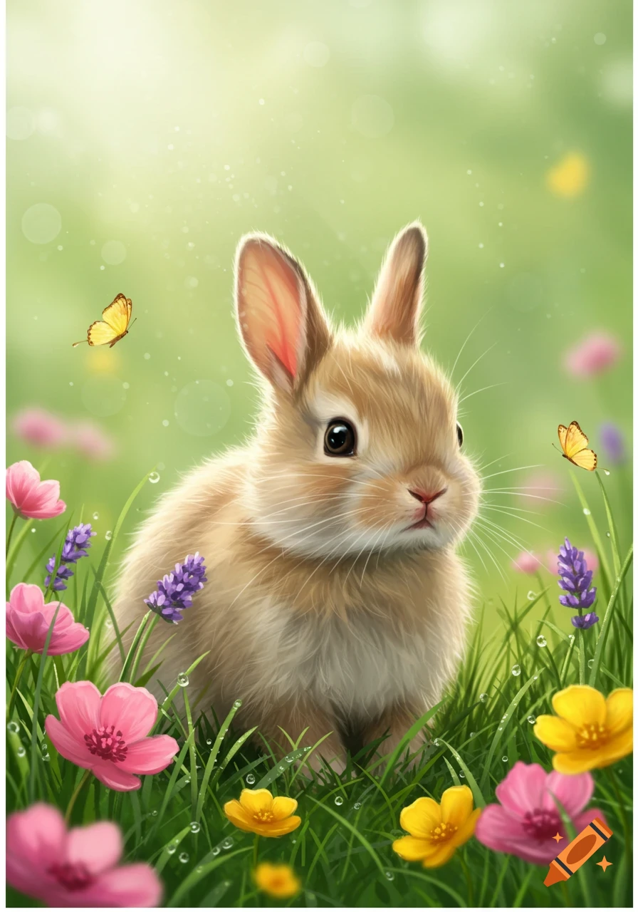 A cute brown rabbit sits in green grass among pink, yellow, and purple flowers with butterflies flying around in a bright, sunny field.