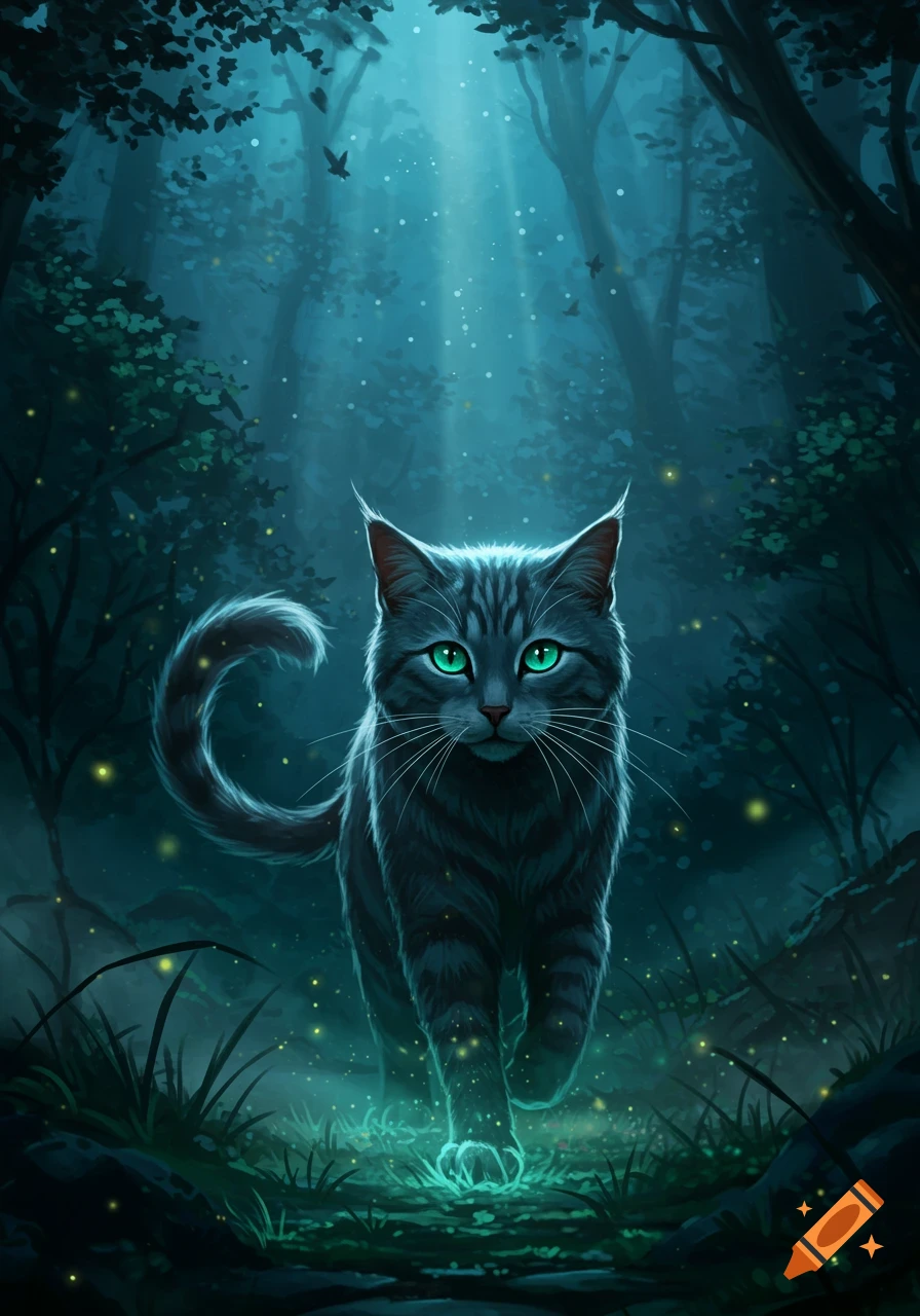 A grey tabby cat with glowing green eyes and paws walks through a dark, mystical forest with light rays and fireflies.