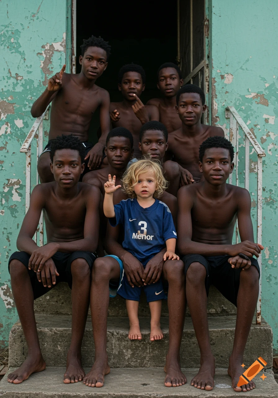 A group of young boys, including a small blonde child in a soccer jersey, sit on steps in front of a peeling green building. Photorealistic.