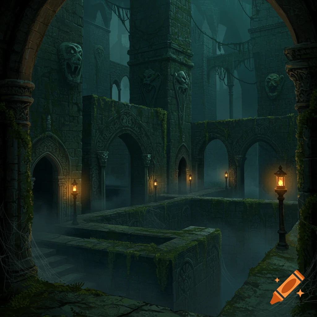 A dark, misty gothic labyrinth of ancient stone arches and moss-covered walls, illuminated by glowing lanterns.