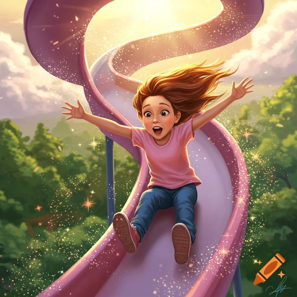 An excited cartoon girl with flowing brown hair slides down a sparkly pink and purple slide in a sunny park with trees.