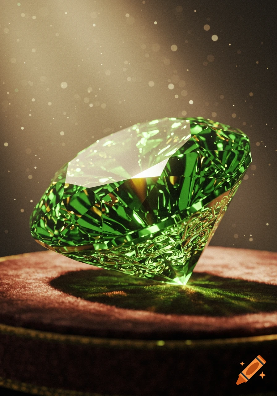 A large, faceted green gem with an etched base rests on a dark red velvet surface, illuminated by sparkling light.
