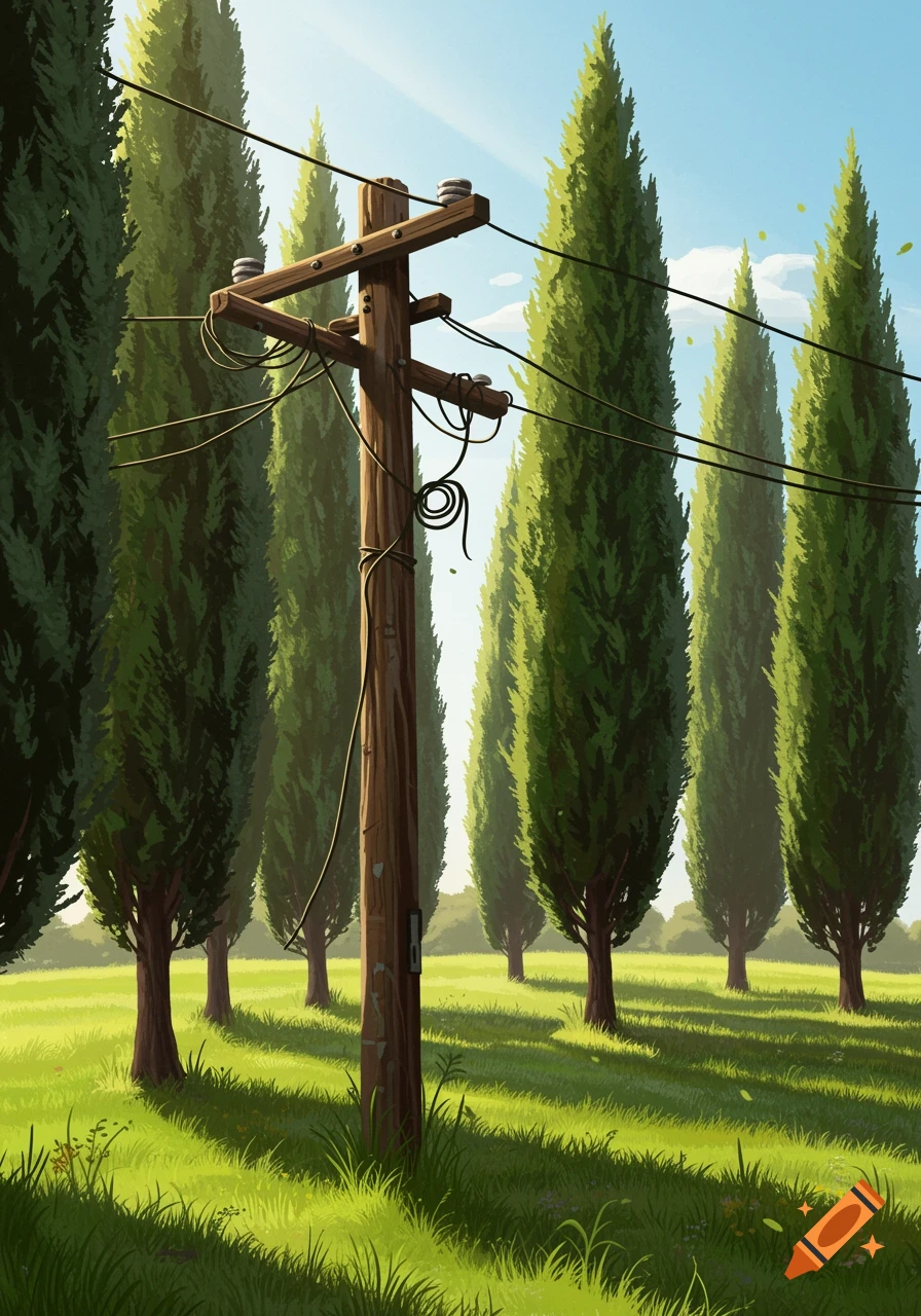 A stylized illustration of a wooden utility pole in a grassy field, surrounded by tall Italian cypress trees under a bright sky.