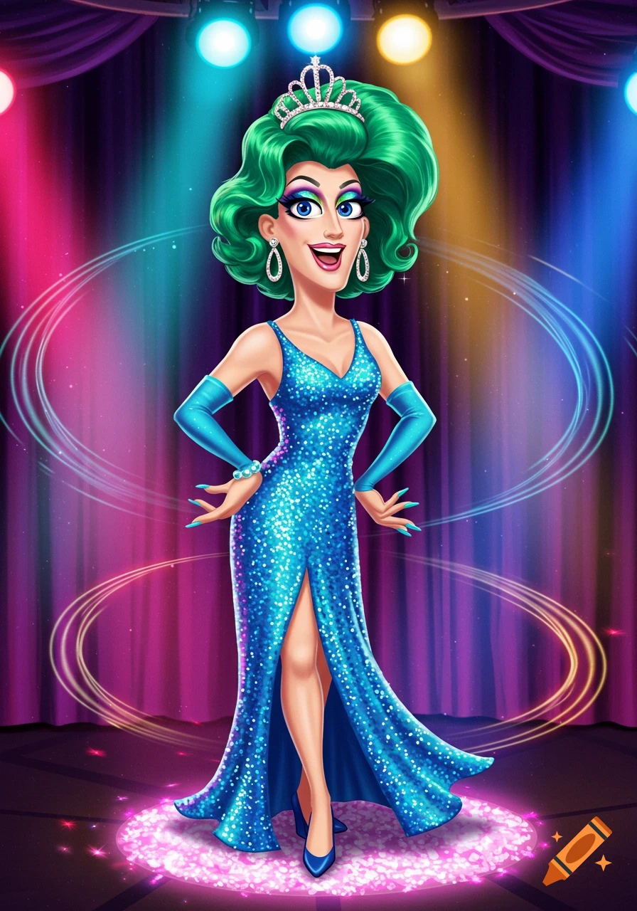 A cartoon drag queen with green hair and a tiara, wearing a sparkly blue gown and gloves, poses on a glittery stage under colorful spotlights.