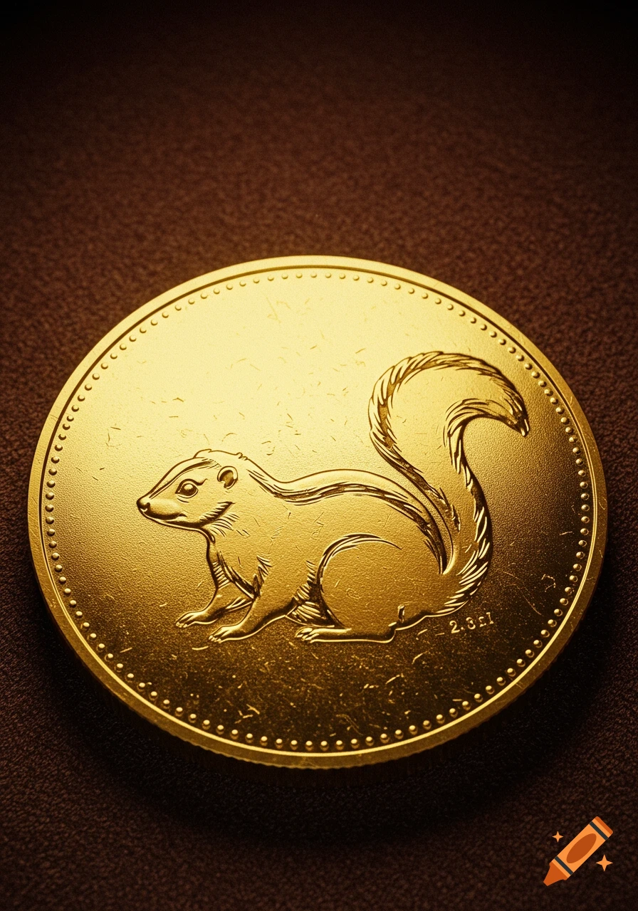 A close-up shot of a shiny gold coin with an embossed squirrel on it, resting on a brown textured surface.