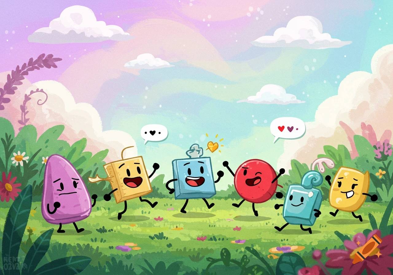Six vibrant cartoon characters with expressive faces dance in a cheerful, whimsical landscape with lush green grass, flowers, and pastel clouds.