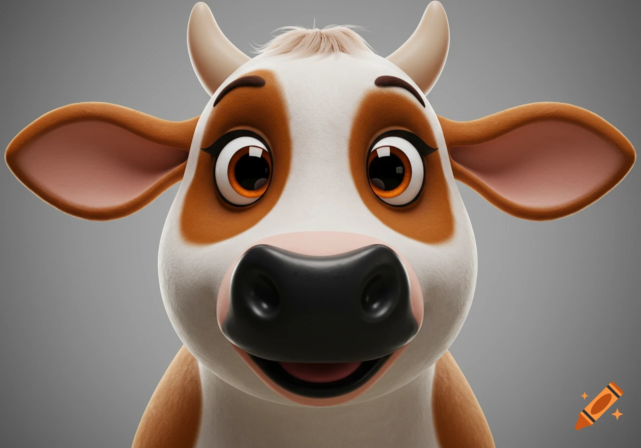 Close-up of a brown and white cartoon cow face with large eyes and a friendly expression, against a gray background.