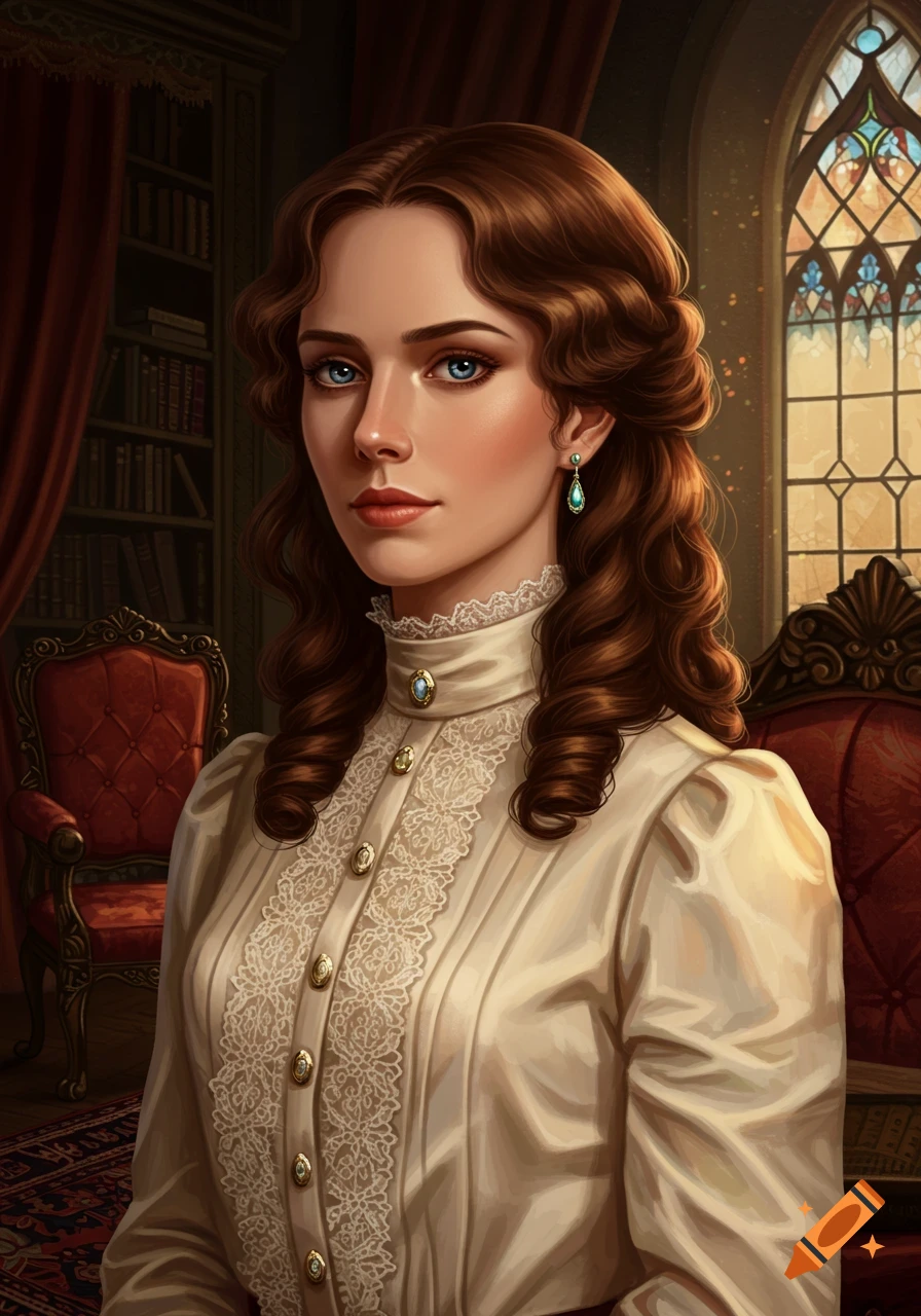 A portrait of a young woman with brown curly hair and blue eyes, wearing a Victorian-era cream-colored dress with lace, in a richly decorated room with a bookcase and stained glass window.