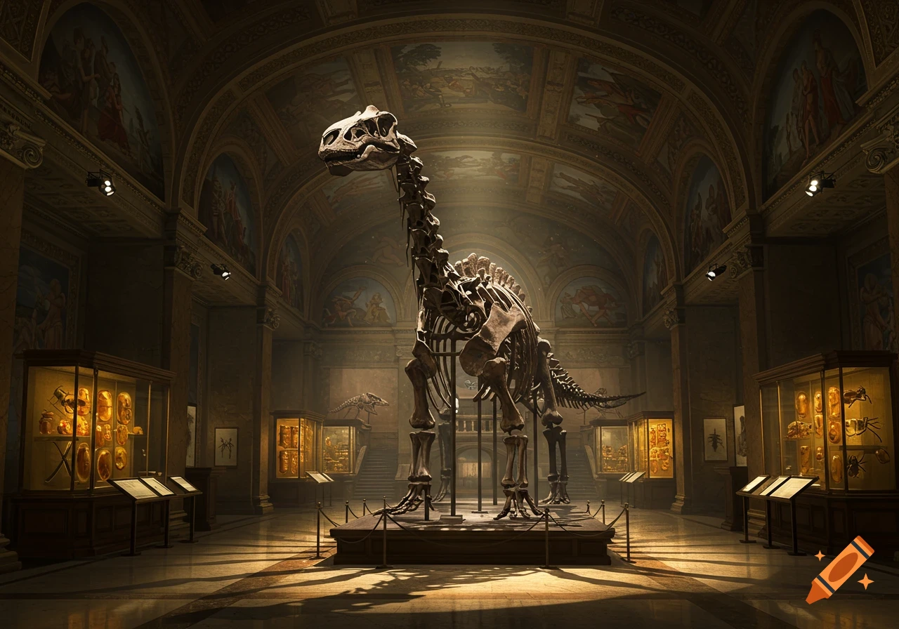 A towering dinosaur skeleton stands prominently in a grand, dimly lit museum hall with vaulted ceilings, murals, and glowing display cases.