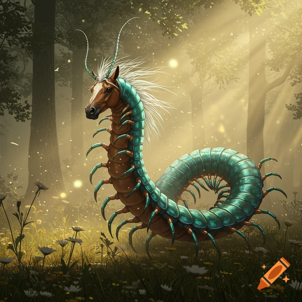 A fantastical creature with a horse's head and a segmented, green centipede body with many legs stands in a sunlit forest.