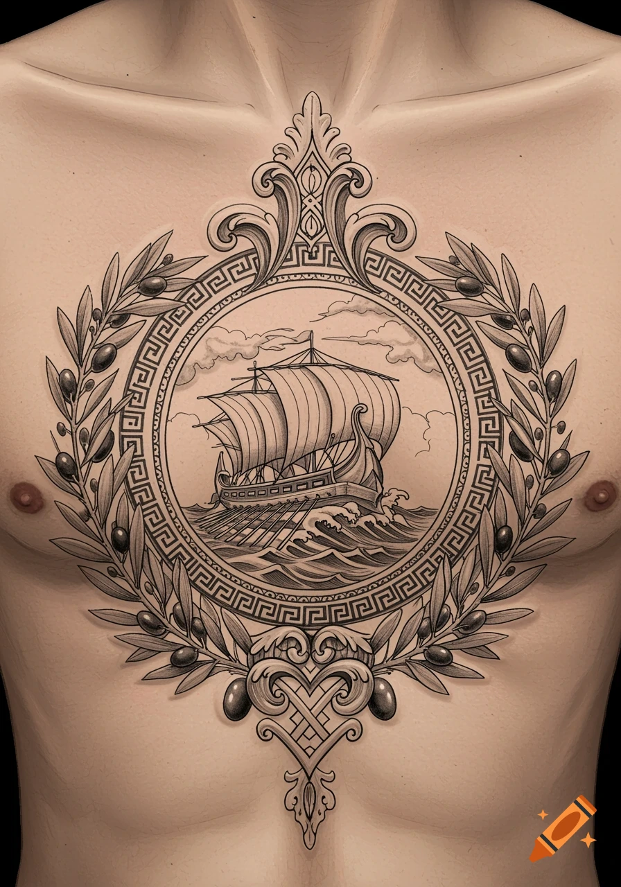 A detailed chest tattoo featuring a classical Greek ship within a Greek key circle, framed by an olive wreath.