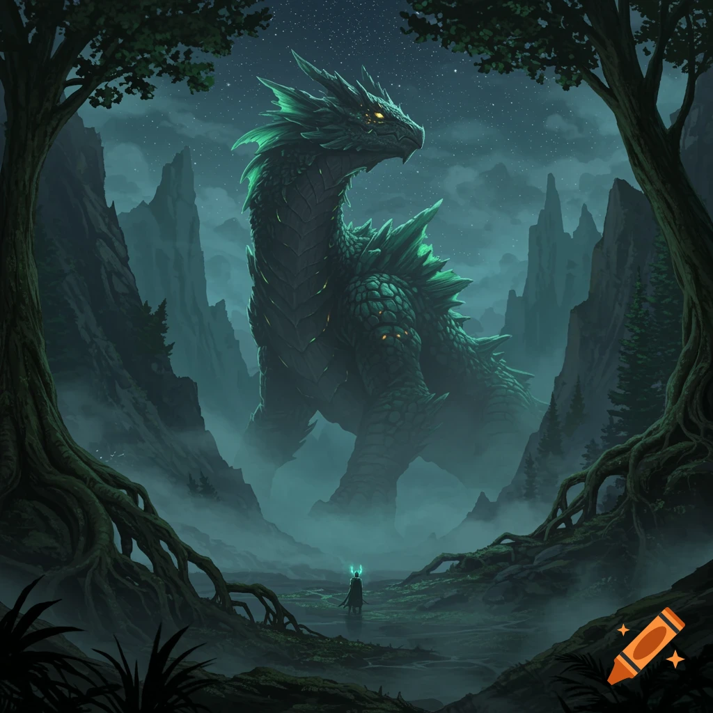 A colossal green dragon with glowing eyes towers over a small figure in a misty, moonlit forest, framed by ancient trees.