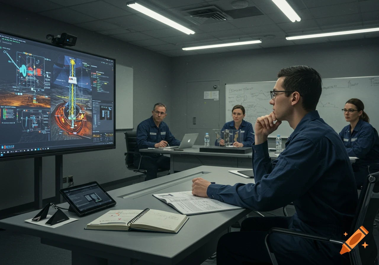 Photorealistic image of professionals in a meeting room, a man in the foreground paying attention to a large screen displaying complex engineering diagrams.