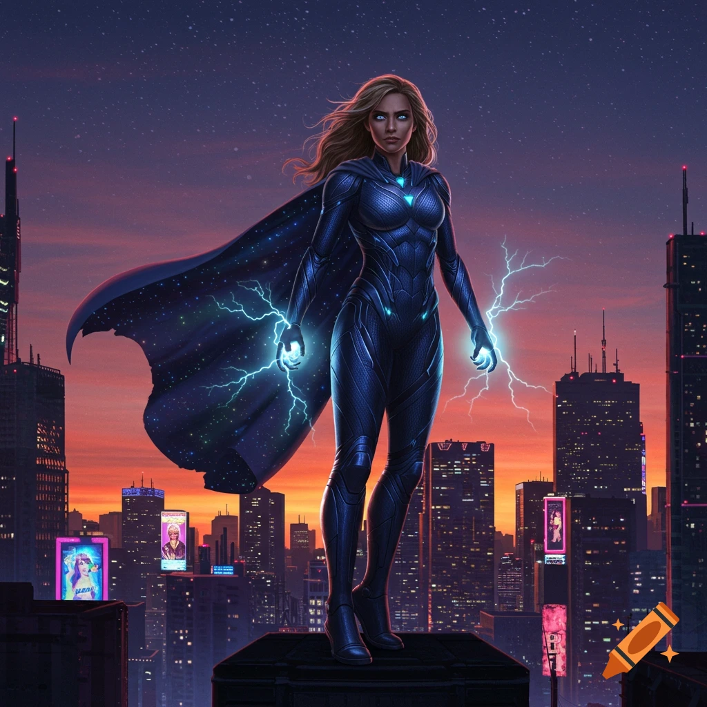 A female superhero in a dark blue suit and flowing cape stands on a building rooftop overlooking a futuristic cityscape at dusk, holding lightning in her hands.