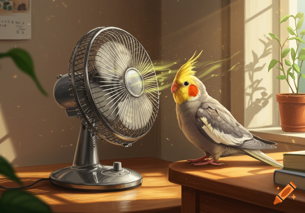 A cockatiel on a wooden table looks at a silver electric fan, with sunlight streaming from a window onto a potted plant.