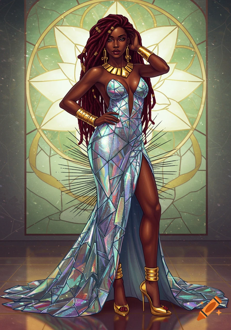 An illustrated woman with burgundy dreadlocks wears a glittering, geometric, iridescent gown with a deep V-neck, gold jewelry, and heels, against a green and gold stained glass background.