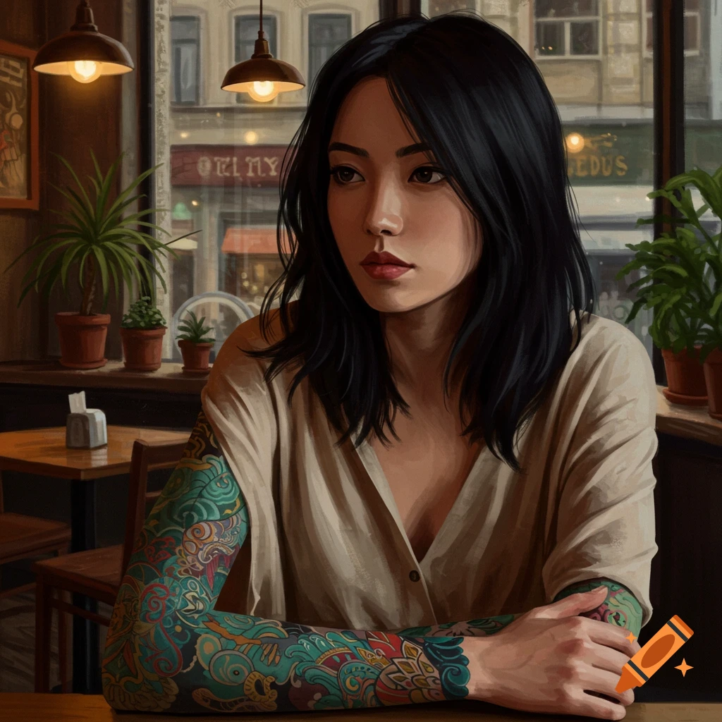 Photorealistic image of a woman with dark hair and colorful sleeve tattoos sitting in a cafe, looking thoughtful.