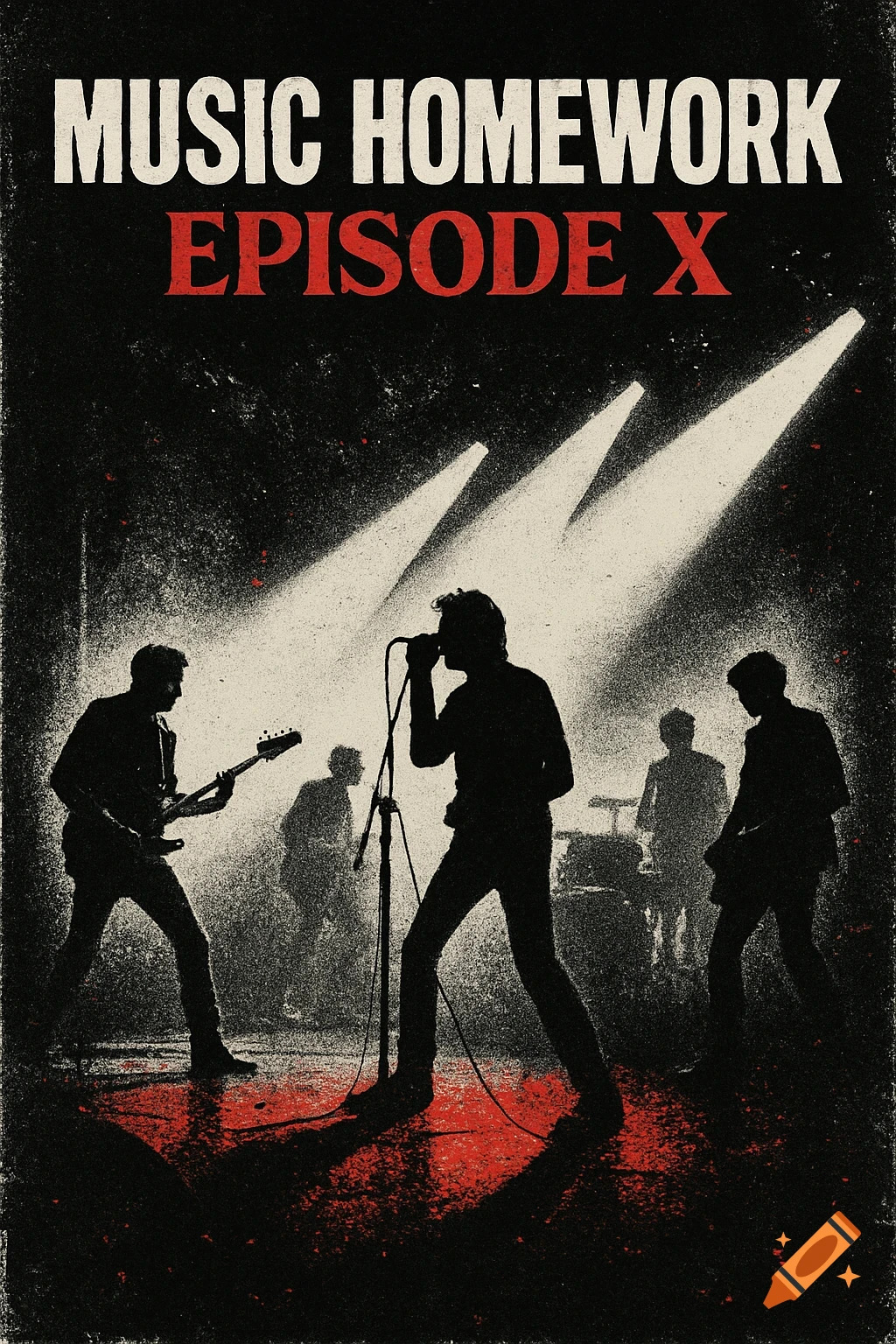 A distressed poster image featuring silhouettes of a band performing on a stage under bright spotlights, with the title 'MUSIC HOMEWORK EPISODE X' at the top.