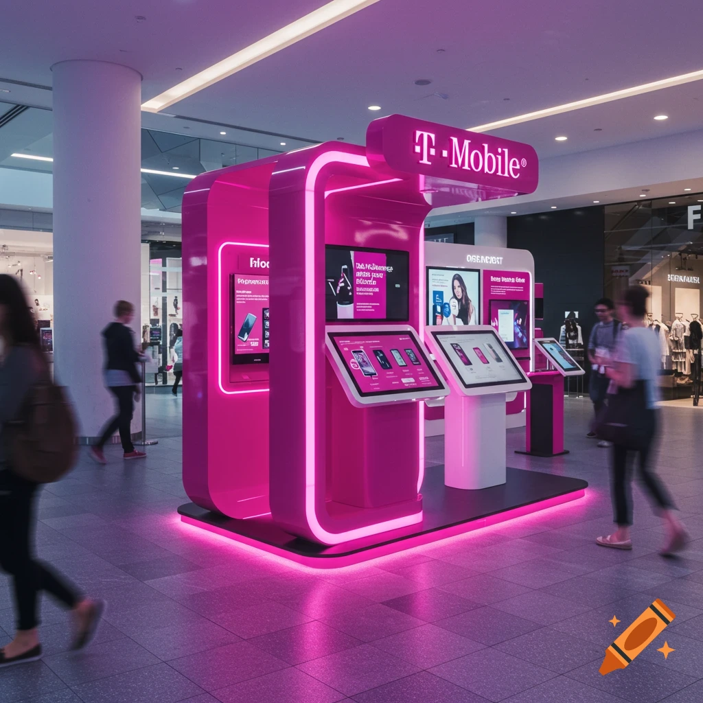 A vibrant pink T-Mobile kiosk with illuminated accents in a modern shopping mall, with blurry people walking past.