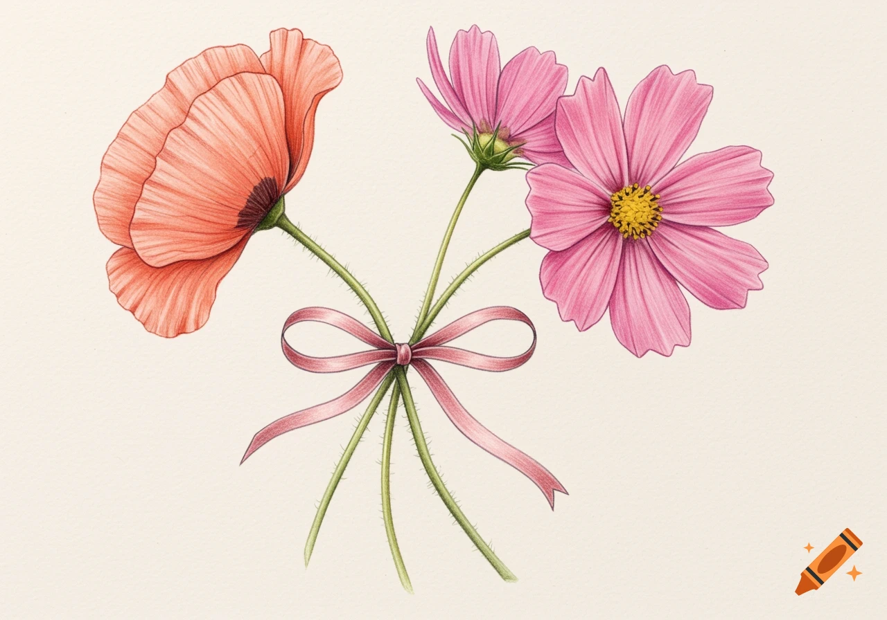 A colorful pencil drawing of a red poppy and two pink cosmos flowers tied together with a pink bow.