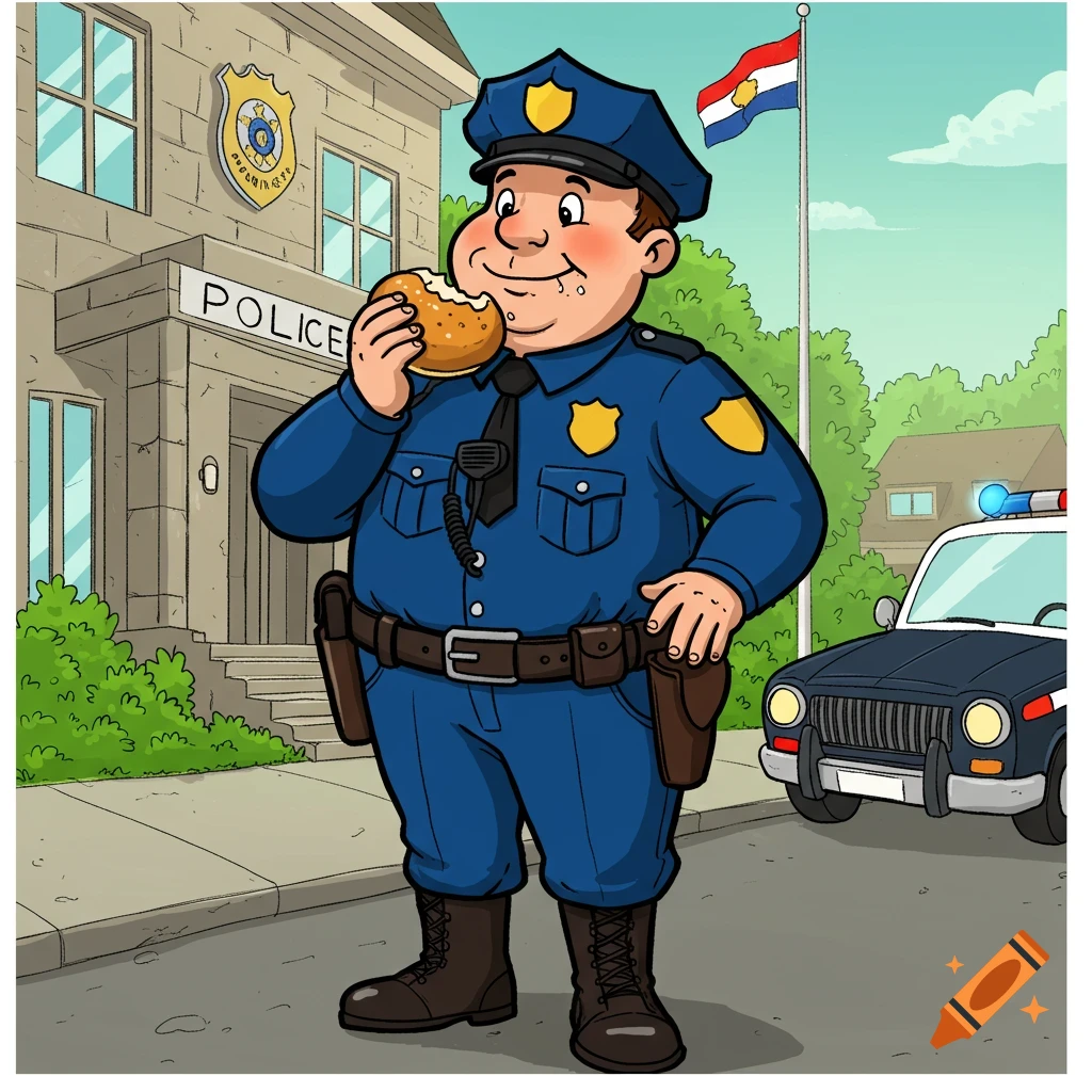 A portly cartoon police officer in uniform eats a donut in front of a police station and police car.