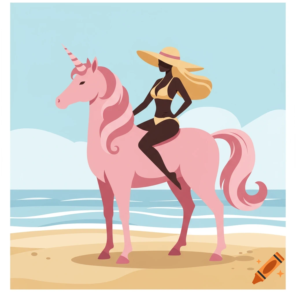 A stylized illustration of a woman in a yellow bikini and wide-brimmed hat riding a pink unicorn on a sunny beach.