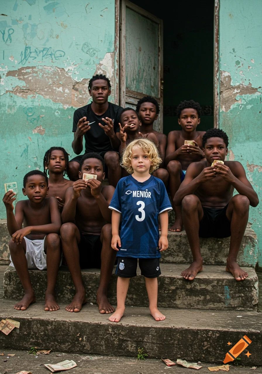 A group of diverse young boys and teens, some holding money, sit on concrete steps in front of a dilapidated teal building.
