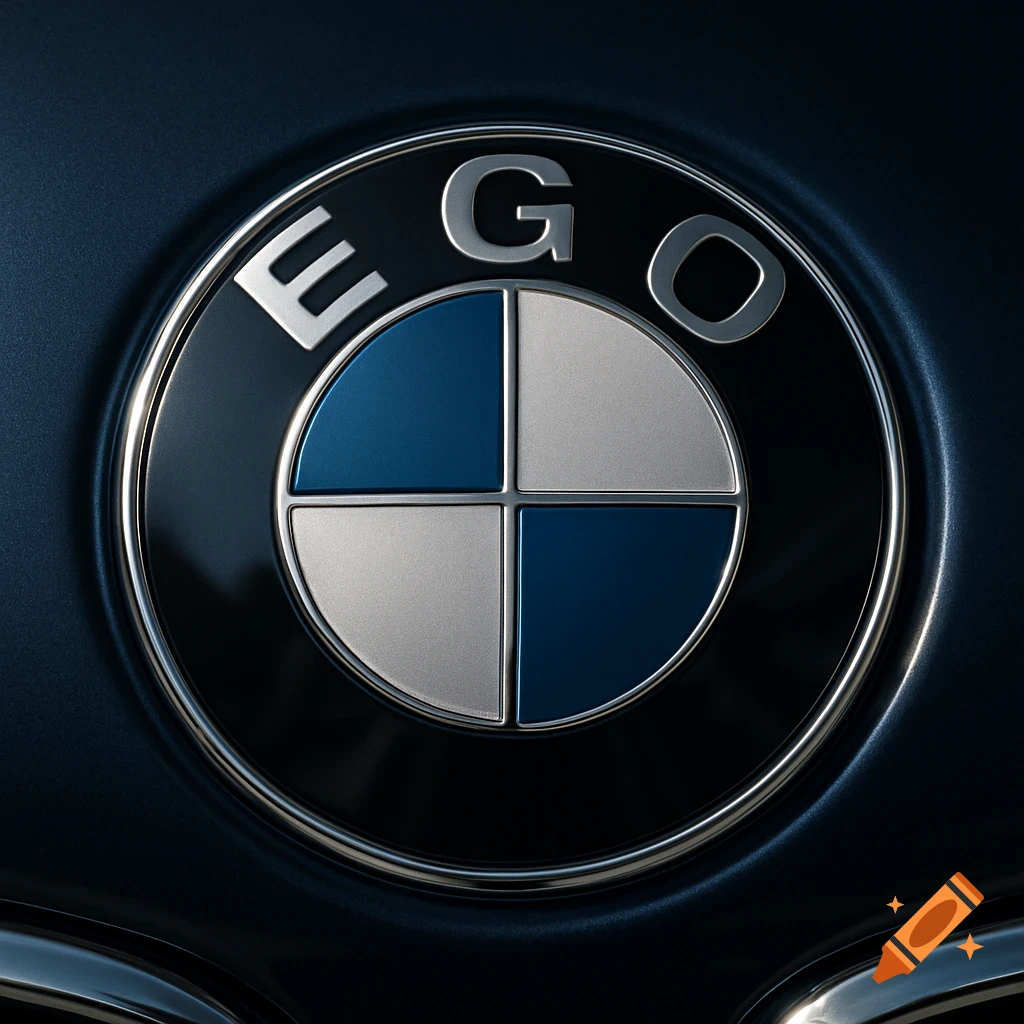 Close-up of a circular car emblem with 'EGO' text above a blue and silver quadrant design.