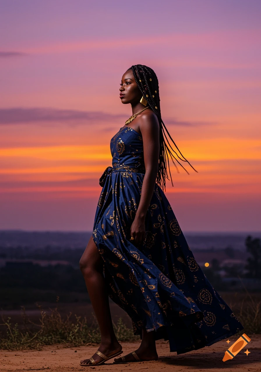 A Black woman in a blue patterned dress with gold accessories stands against a vibrant sunset.