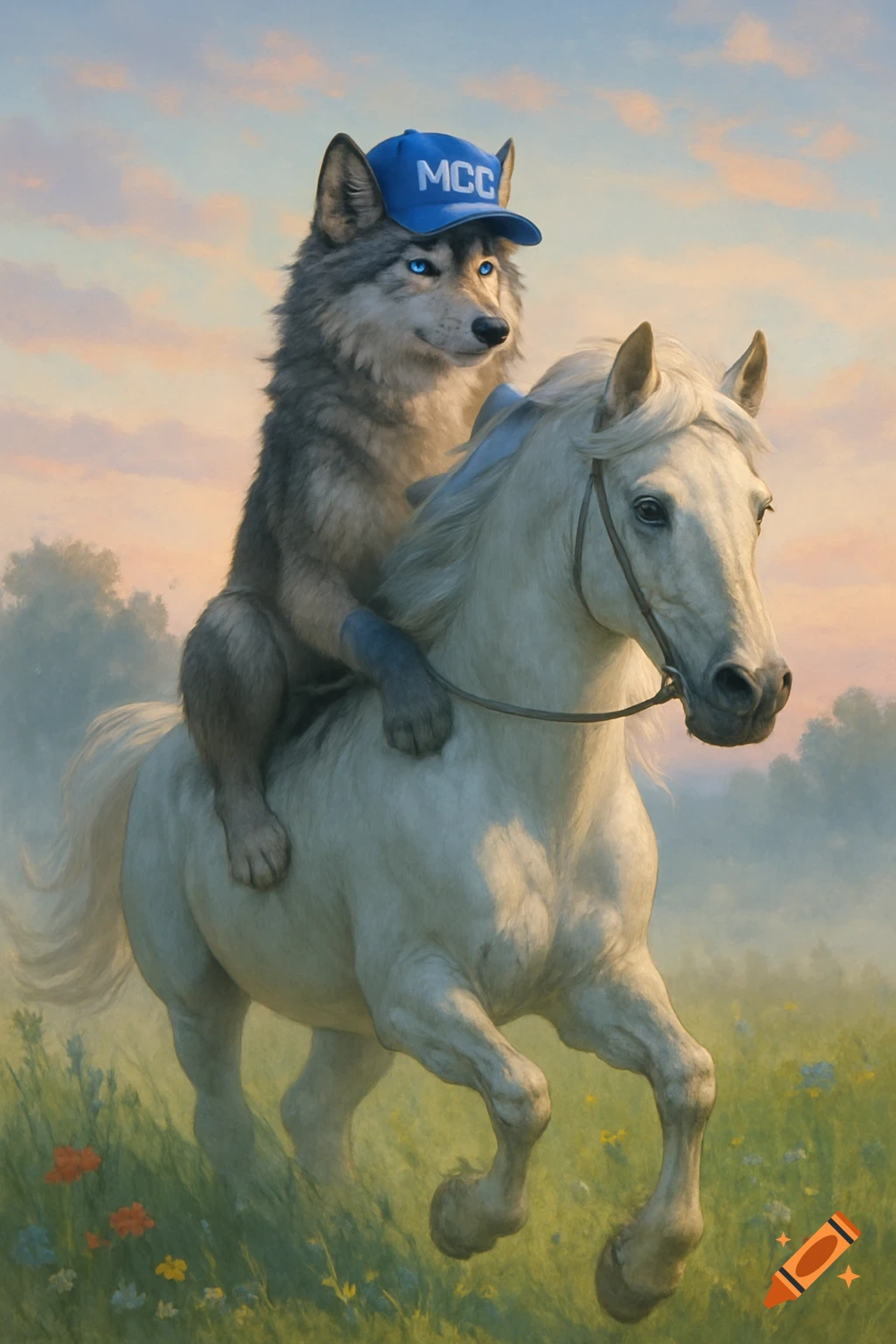 A wolf wearing a blue MCC hat rides a white horse through a field with wildflowers at sunset.