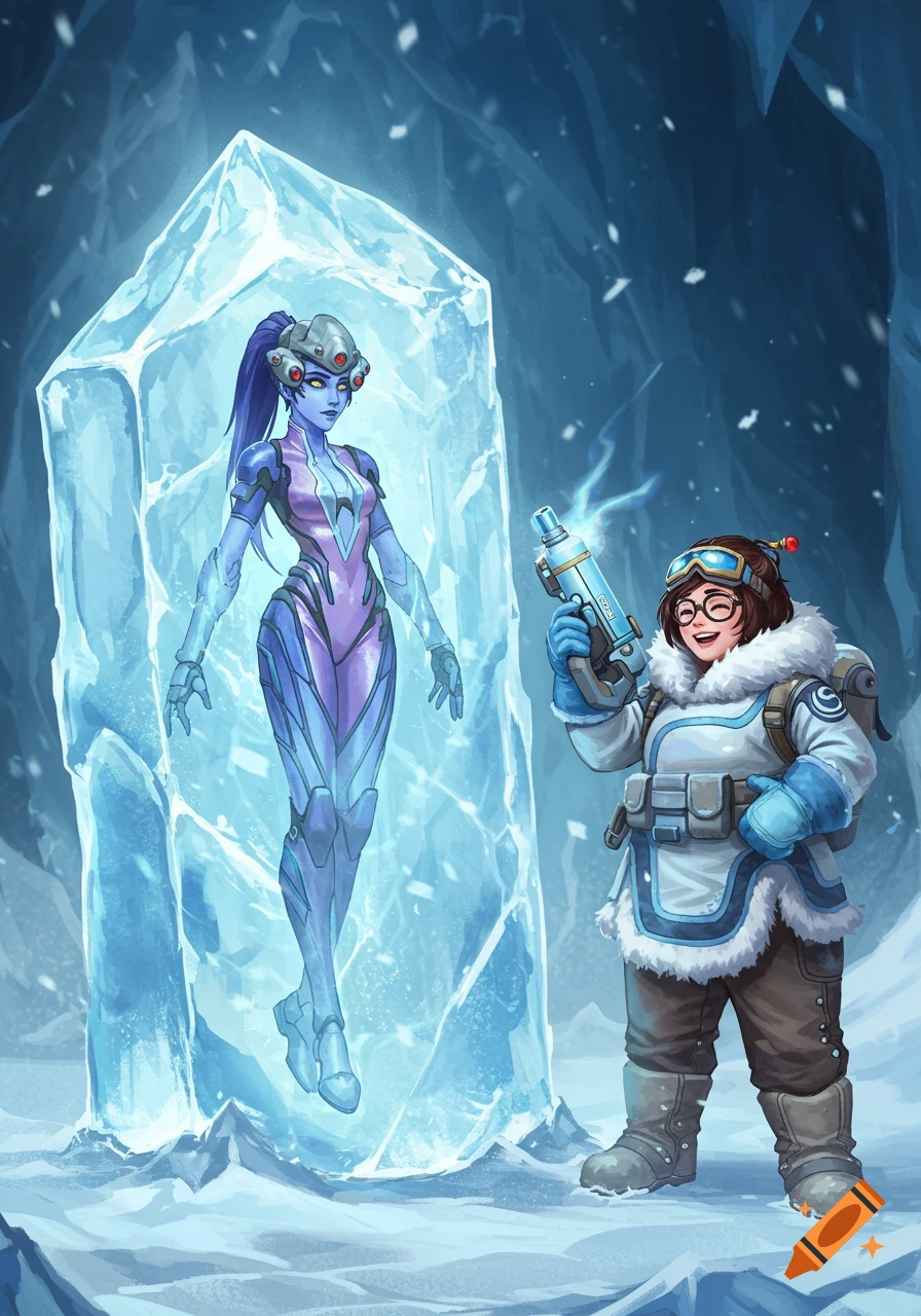 Illustration of Mei smiling while holding her weapon next to a block of ice containing a frozen Widowmaker in an ice cave.