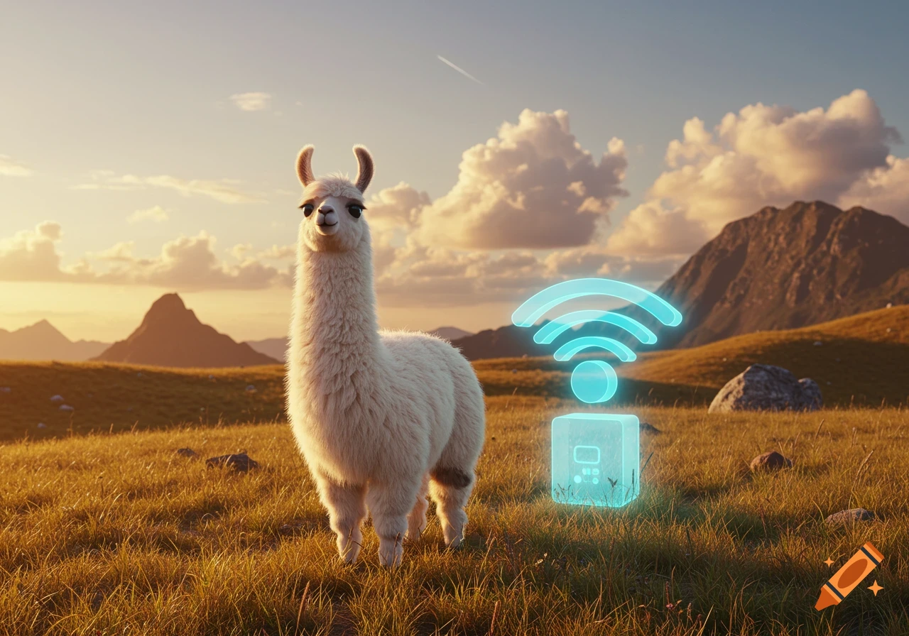 A white llama stands in a golden grassy field with mountains in the background and a glowing blue Wi-Fi symbol next to it.