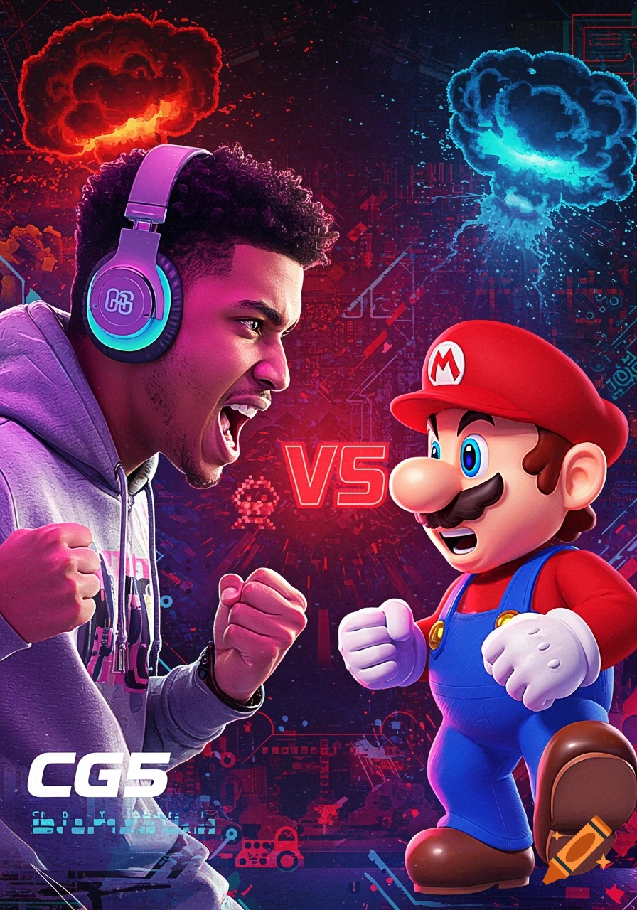A dynamic poster showing musician CG5 and Mario facing off in a vibrant, neon-lit gaming-themed background.