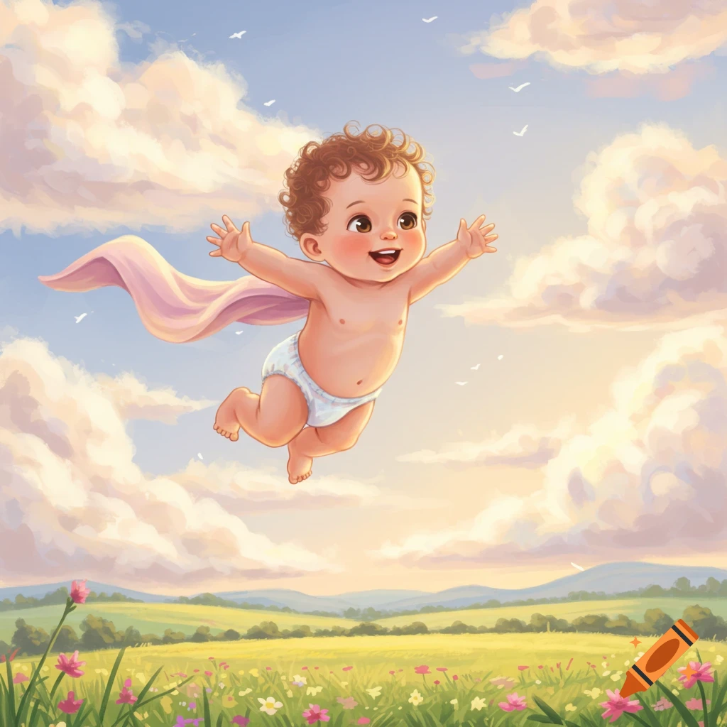 A cute cartoon baby with curly hair and a pink cape flies happily over a green field with flowers under a blue sky.