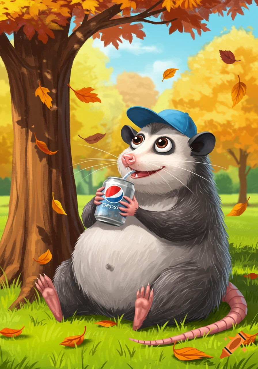 A cartoon opossum wearing a blue cap sits under a tree in an autumn forest, drinking Pepsi from a can.