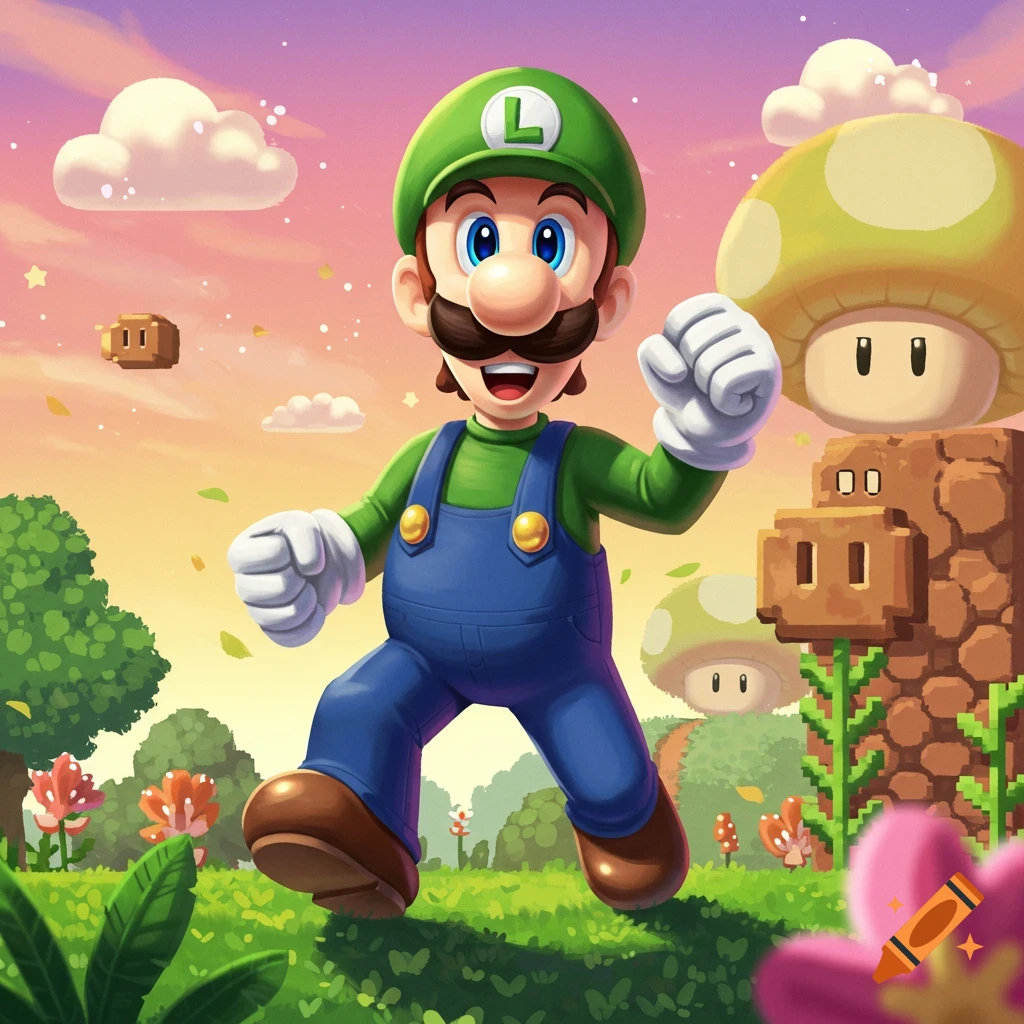 Luigi from Super Mario leaps through a vibrant, colorful cartoon landscape with mushrooms and pixelated blocks under a sunset sky.