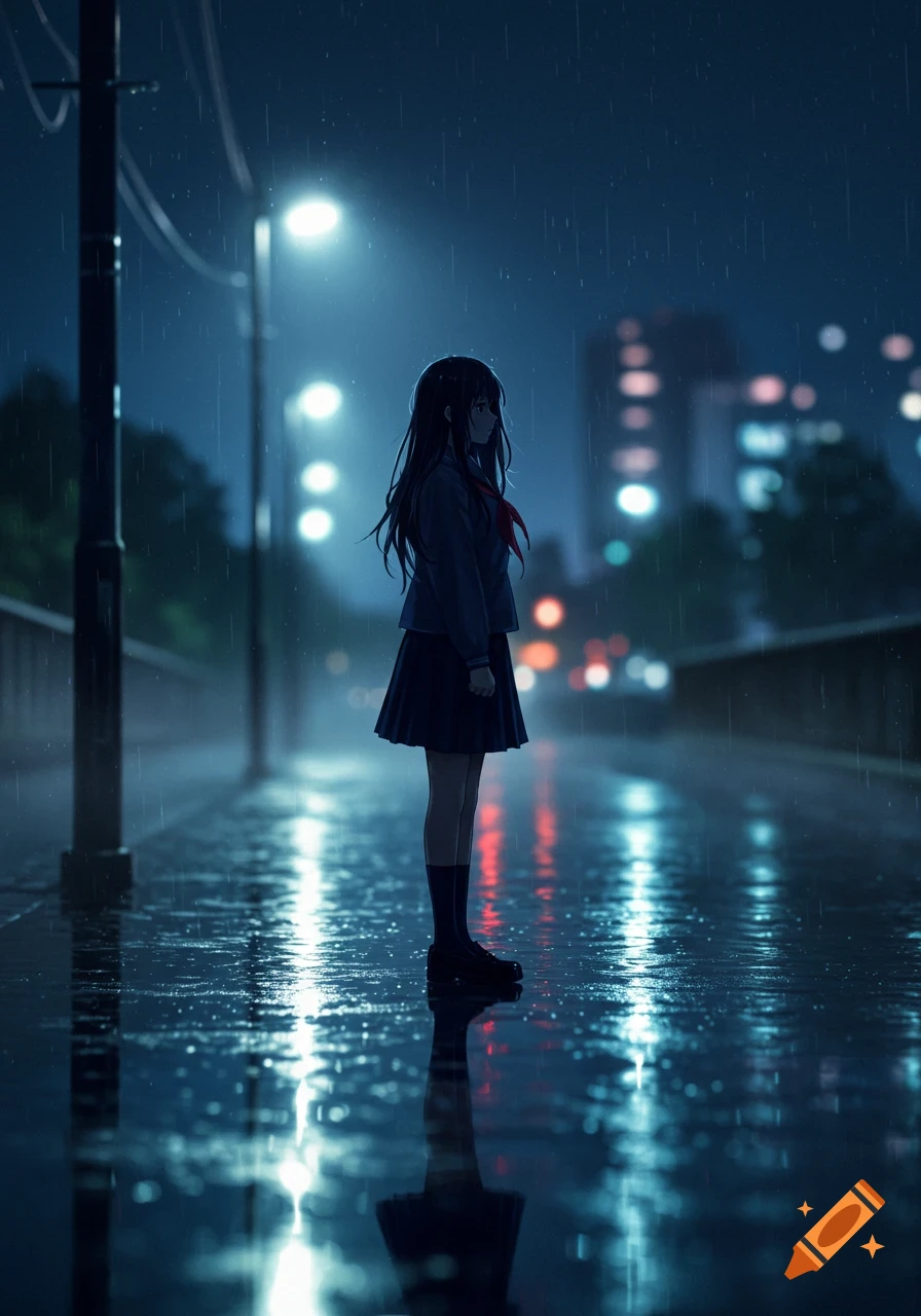 Anime girl in school uniform standing alone on a wet city street at night in the rain.