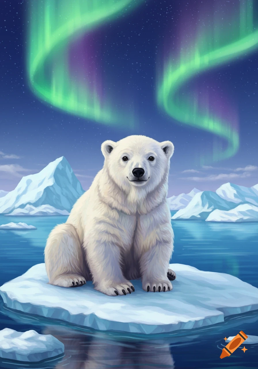 An illustrated polar bear sits on an ice floe under a vibrant green and purple aurora borealis sky with icy mountains in the background.