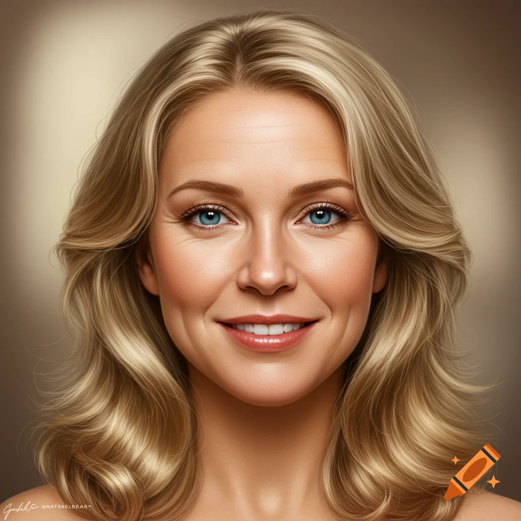 Photorealistic close-up portrait of a smiling woman in her 40s with blonde hair, blue eyes, and subtle wrinkles.