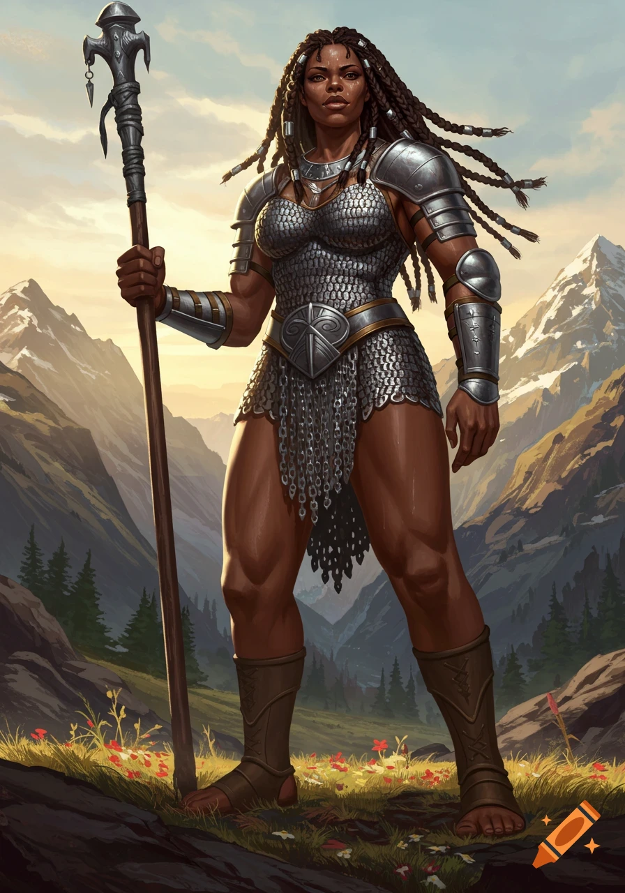 A strong female fantasy warrior with dark skin and braided hair, wearing chainmail and holding a quarterstaff, stands in a mountain landscape at sunset.