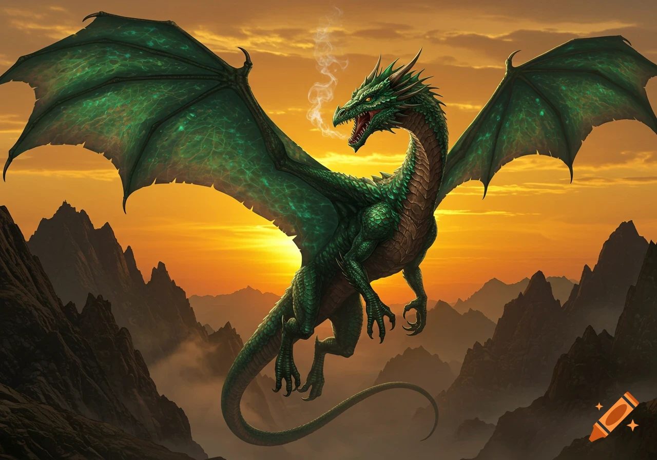 A large green dragon with widespread wings breathing smoke, flying over mountains at sunset in a realistic style.